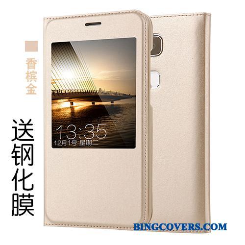 Huawei G7 Plus Cover Guld Folio Ægte Læder Telefon Etui Lædertaske Beskyttelse