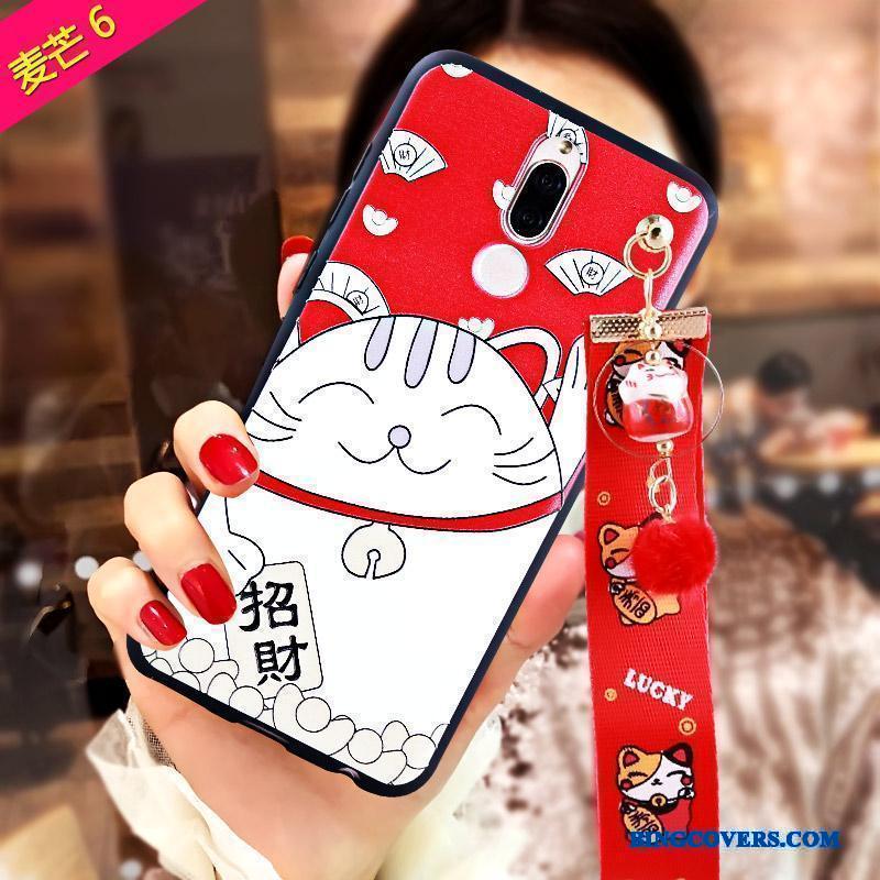 Huawei Mate 10 Lite Wealth Anti-fald Kat Relief Blød Rød Telefon Etui