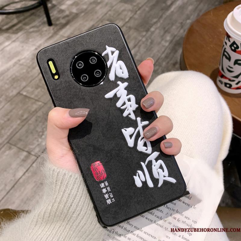 Huawei Mate 30 Kreativ Anti-fald Sort Silikone Kinesisk Stil Mønster Telefon Etui