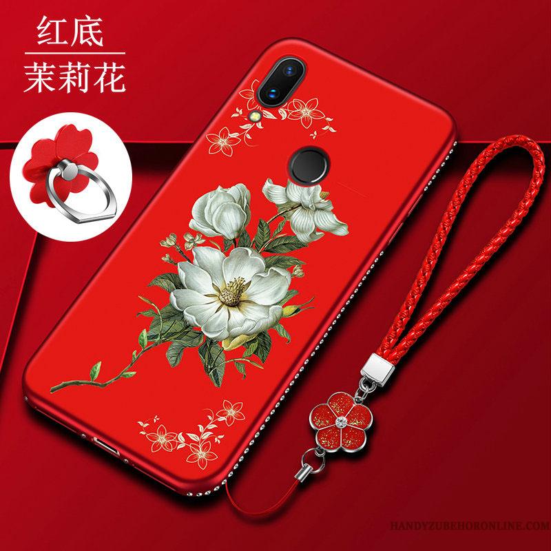 Huawei P Smart 2019 Etui Anti-fald Rød Silikone Nubuck Cover Blomster Blød
