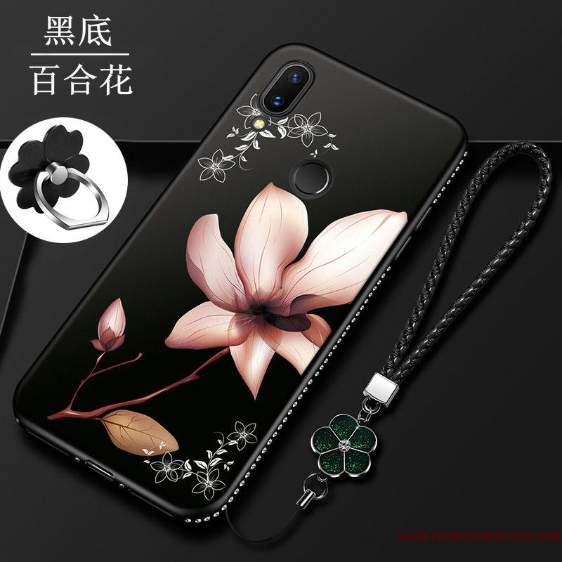 Huawei P Smart 2019 Etui Anti-fald Rød Silikone Nubuck Cover Blomster Blød
