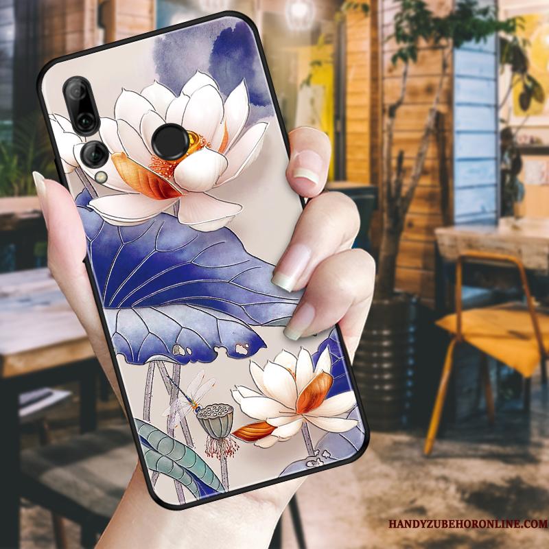 Huawei P Smart+ 2019 Pæon Etui Hvid Blomster Telefon Sort Beskyttelse