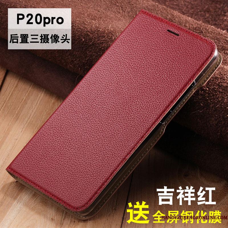 Huawei P20 Pro Ægte Læder Beskyttelse Sort Folio Cover Telefon Etui Anti-fald