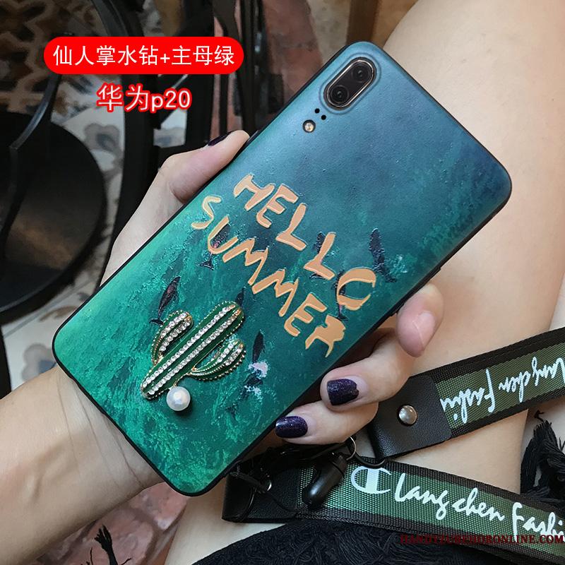 Huawei P20 Strass Telefon Etui Cover Hængende Hals Trendy Af Personlighed Grøn