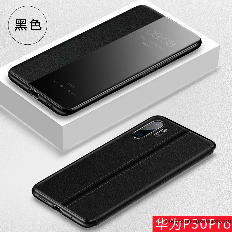 Huawei P30 Pro Skærmbeskyttelse Anti-fald Lædertaske Hærdning Cover Telefon Etui Clamshell