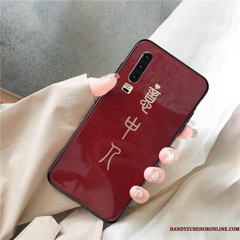 Huawei P30 Rød Glas Alt Inklusive Telefon Etui Net Red Anti-fald Trendy