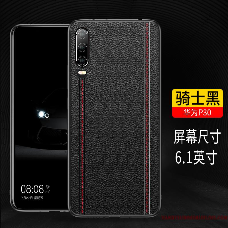 Huawei P30 Ægte Læder Silikone Beskyttelse Trendy Telefon Etui Cover Sort