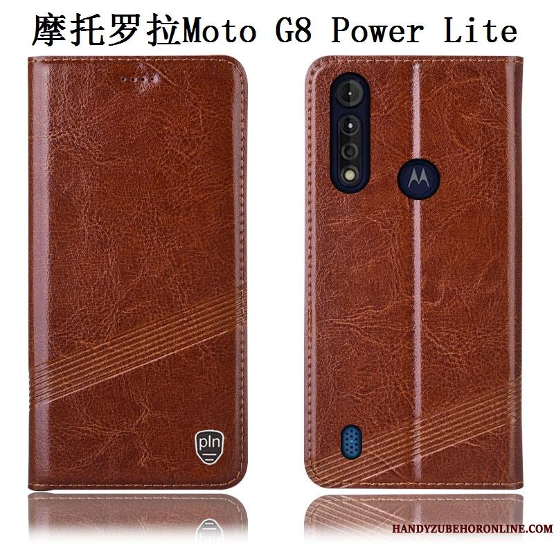 Moto G8 Power Lite Telefon Etui Ægte Læder Folio Anti-fald Cover Sort Mønster