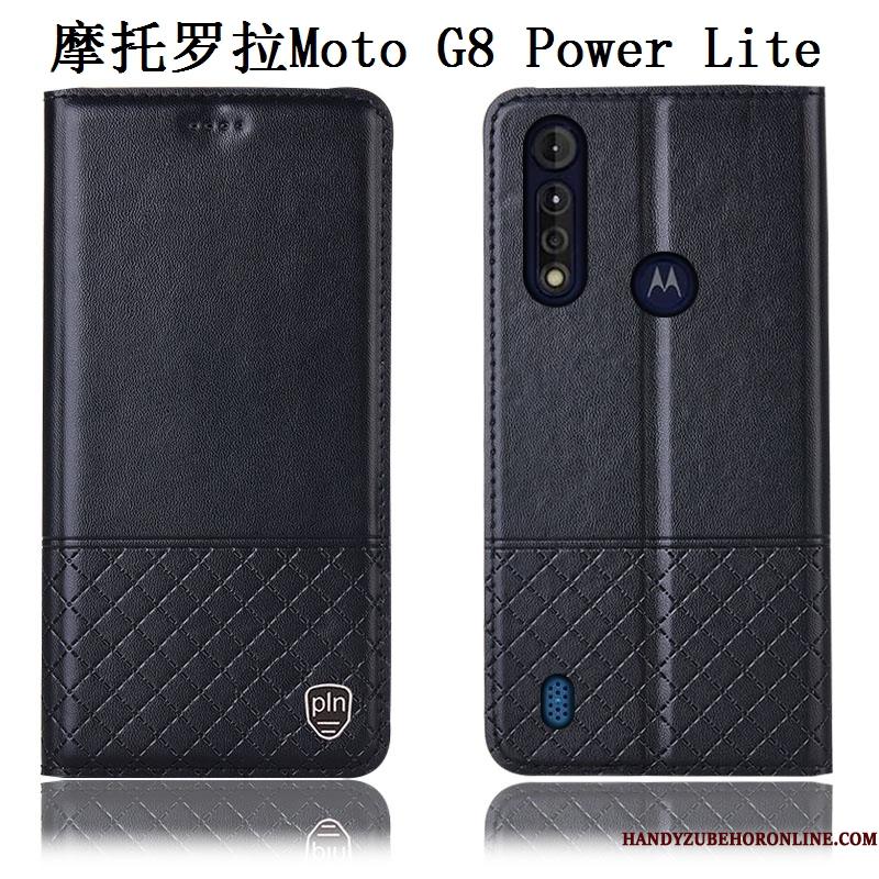 Moto G8 Power Lite Ægte Læder Anti-fald Blå Lædertaske Telefon Etui