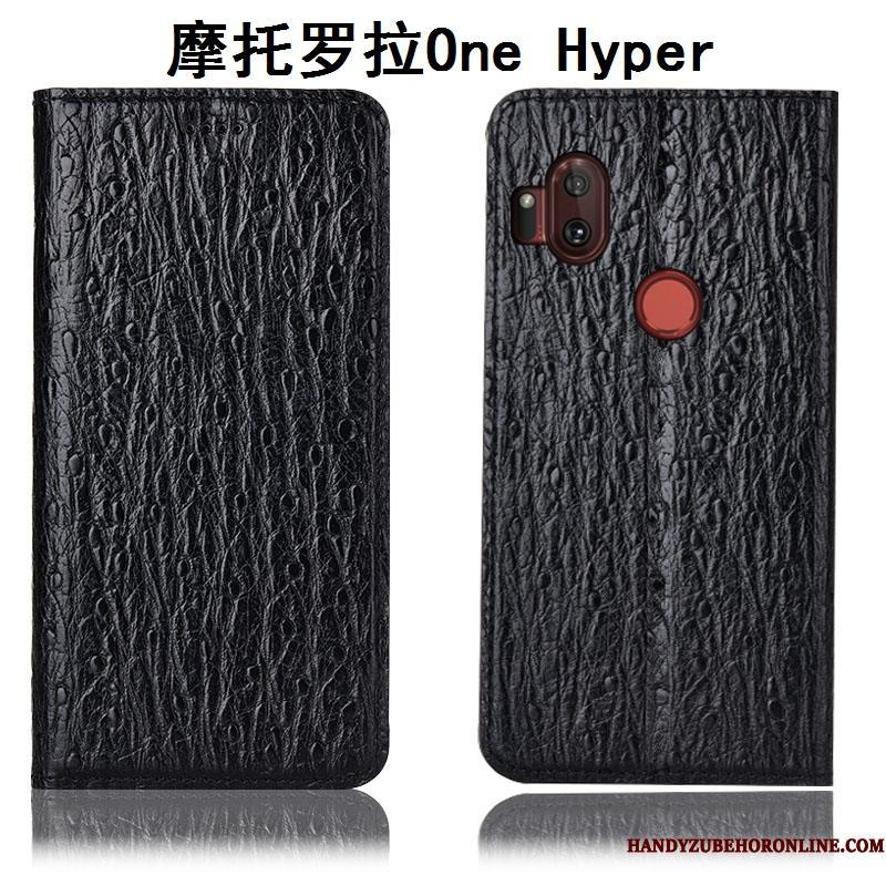 Motorola One Hyper Mørkeblå Beskyttelse Cover Telefon Etui Ægte Læder Folio Anti-fald