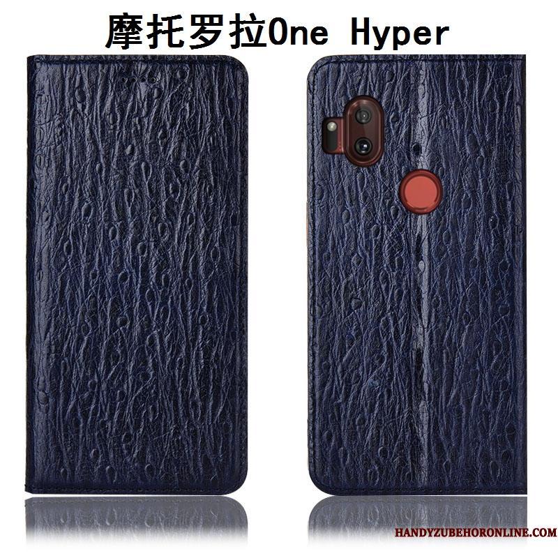 Motorola One Hyper Mørkeblå Beskyttelse Cover Telefon Etui Ægte Læder Folio Anti-fald