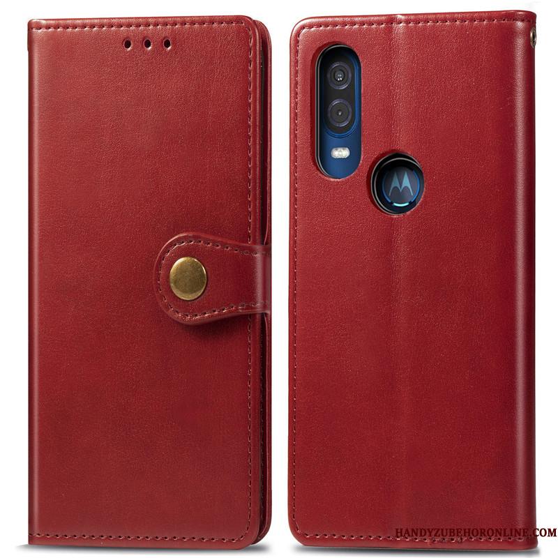 Motorola One Vision Rød Simple Cover Telefon Etui Folio Beskyttelse Solid Farve