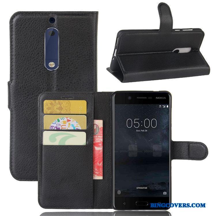 Nokia 5 Mobiltelefon Litchi Beskyttelse Lædertaske Kort Telefon Etui Cover