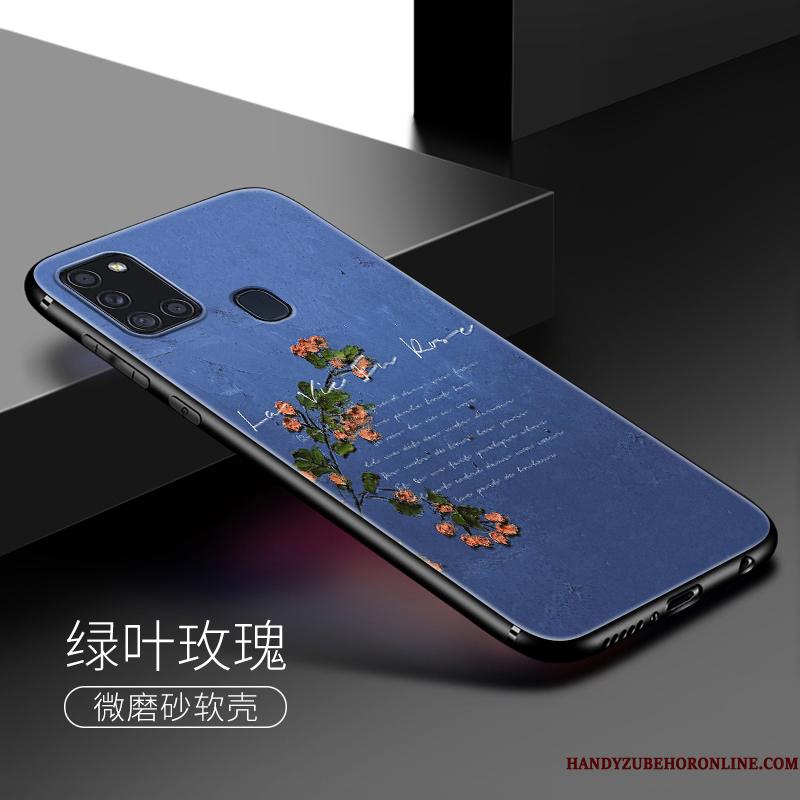 Samsung Galaxy A21s Blomster Blå Telefon Etui Nubuck Silikone Farve Blød