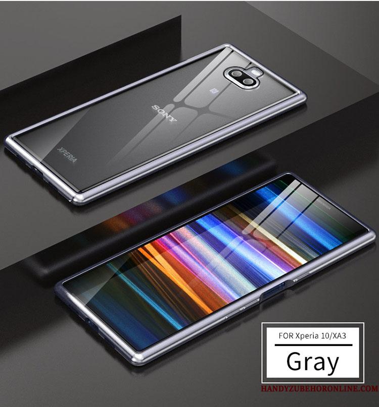 Sony Xperia 10 Blå Metal Telefon Etui Glas Bicolored Silke Ramme