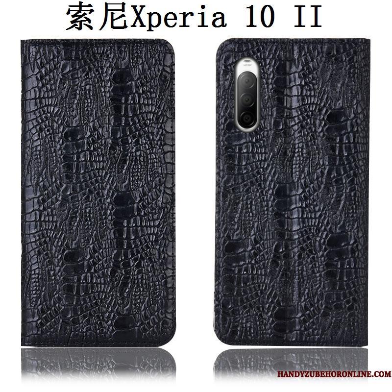 Sony Xperia 10 Ii Folio Beskyttelse Sort Telefon Etui Cover Ægte Læder Anti-fald