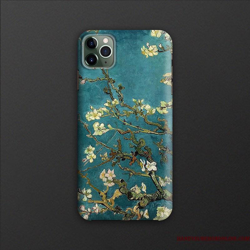 iPhone 11 Pro Oliemaleri Mørkegrøn Cover Blå Blomster Telefon Etui Stjerne
