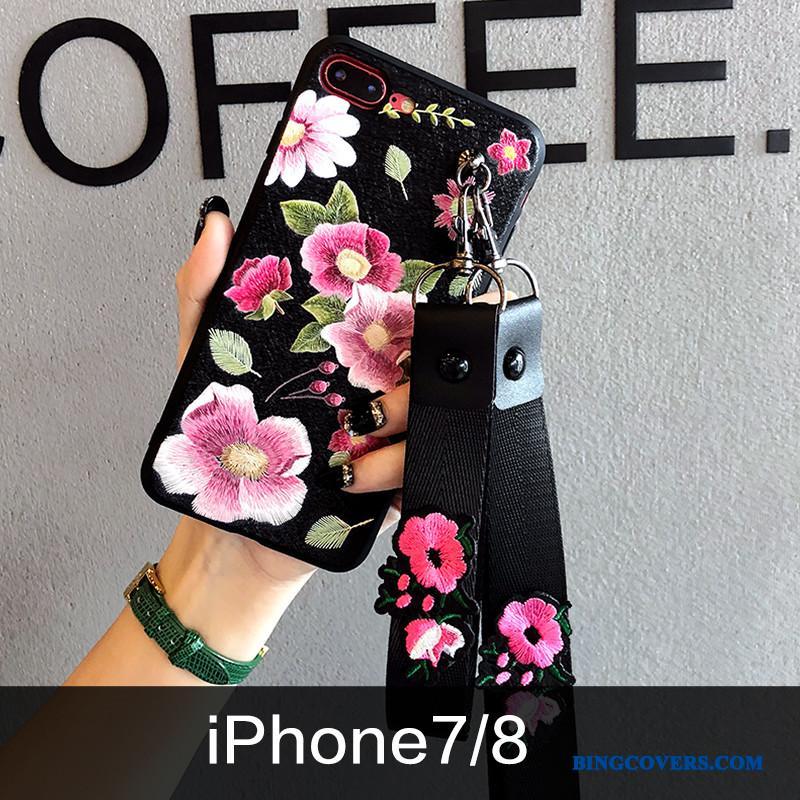 iPhone 7 Etui Ny Hængende Ornamenter Relief Broderi Blomster Sort Silikone