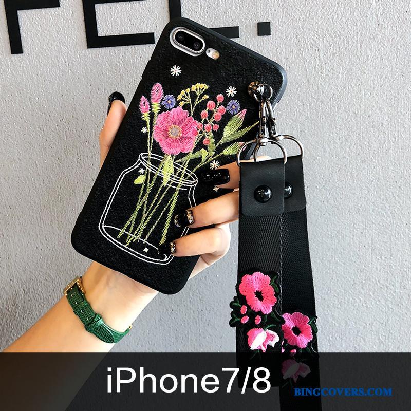 iPhone 7 Etui Ny Hængende Ornamenter Relief Broderi Blomster Sort Silikone