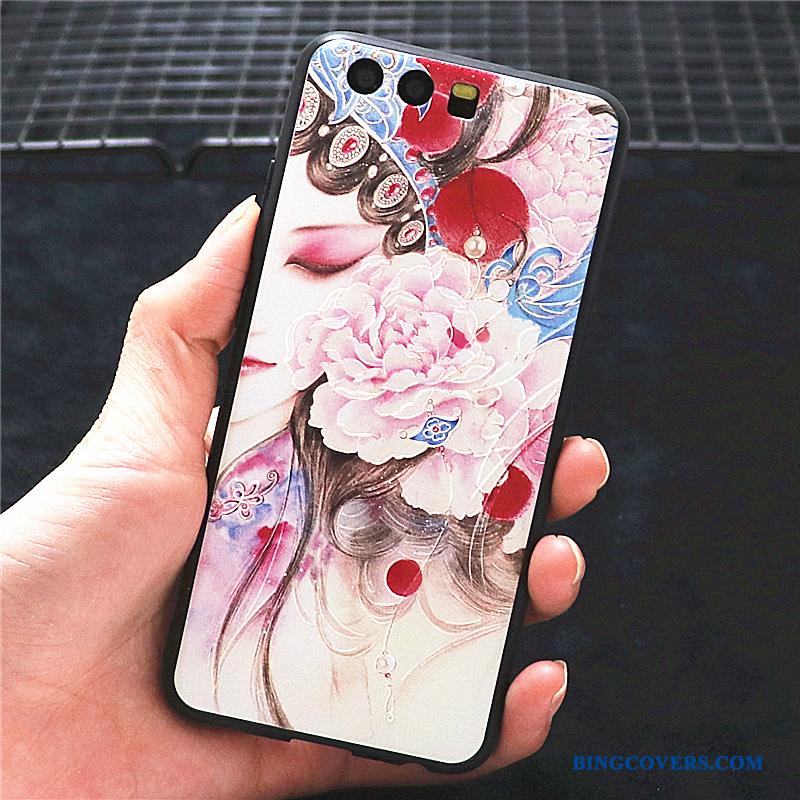 Huawei P10 Plus Kinesisk Stil Rød Telefon Etui Anti-fald Hua Dan Kreativ Nubuck