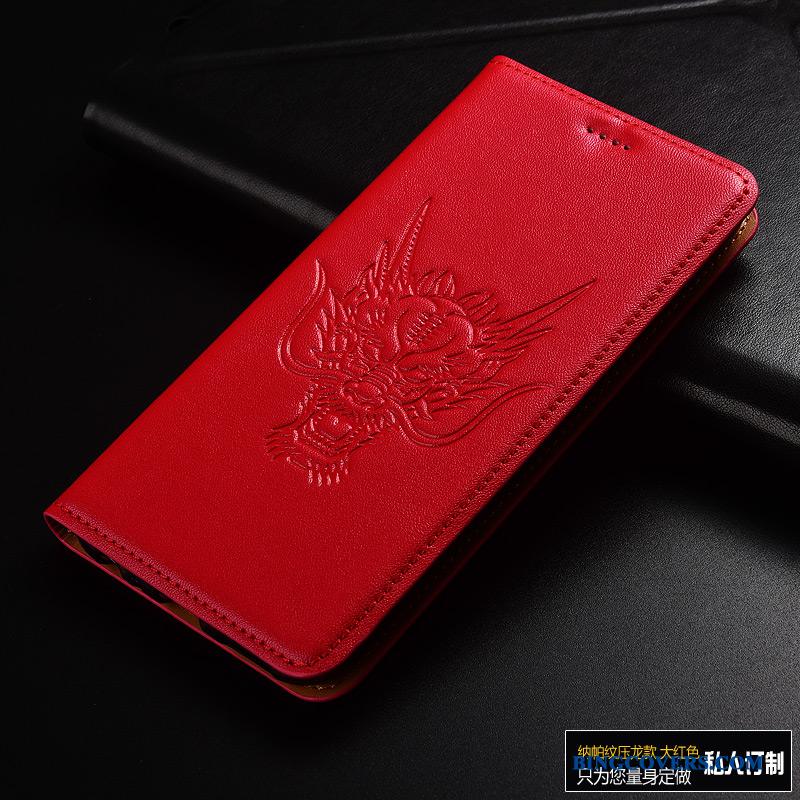 Huawei P10 Telefon Etui Lædertaske Folio Dragon Mobiltelefon Rød Ægte Læder