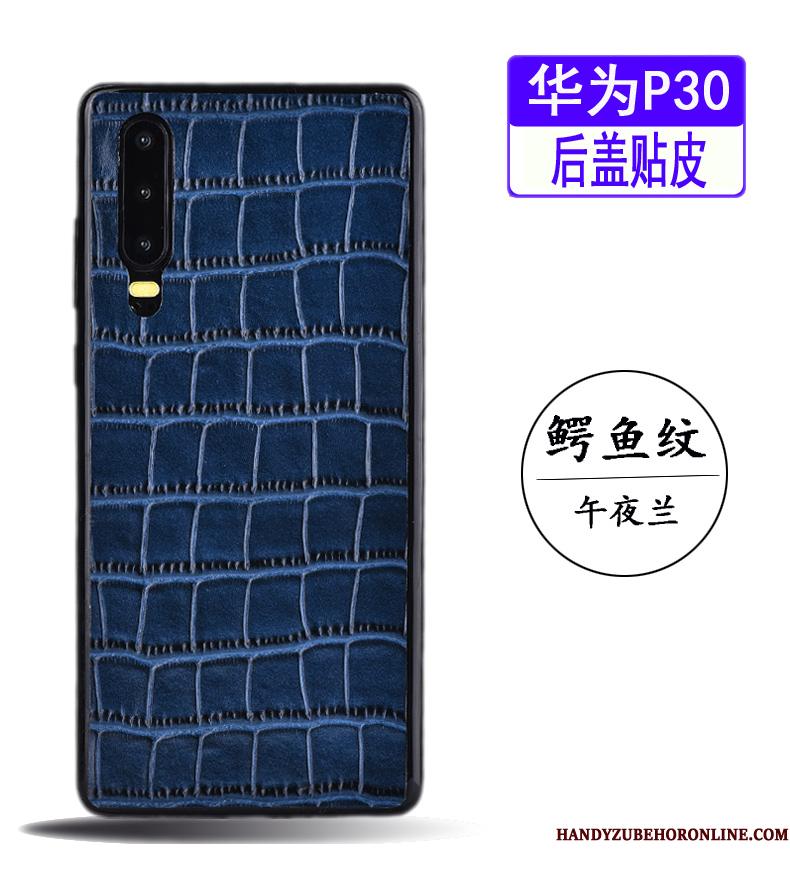 Huawei P30 Cow Lædertaske Telefon Etui Krokodille Mønster Skærmbeskyttelse Blå Ægte Læder