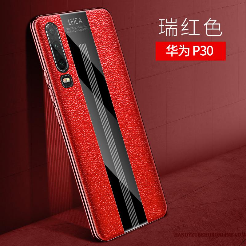 Huawei P30 Tynd Silikone Alt Inklusive Telefon Etui Ægte Læder Net Red Anti-fald