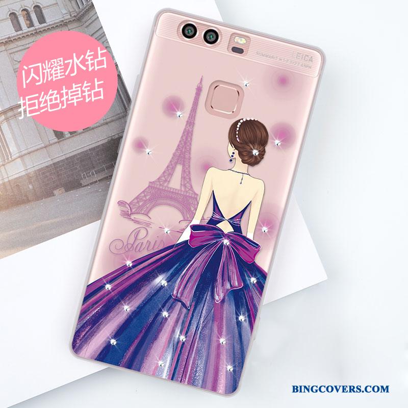 Huawei P9 Cartoon Strass Smuk Telefon Etui Lilla Silikone Af Personlighed