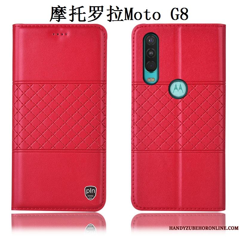 Moto G8 Alt Inklusive Beskyttelse Telefon Etui Rød Cover Anti-fald Ægte Læder
