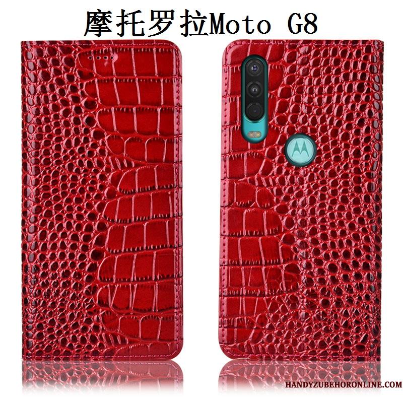 Moto G8 Beskyttelse Telefon Etui Cover Alt Inklusive Rød Anti-fald Ægte Læder