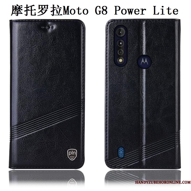 Moto G8 Power Lite Telefon Etui Ægte Læder Folio Anti-fald Cover Sort Mønster