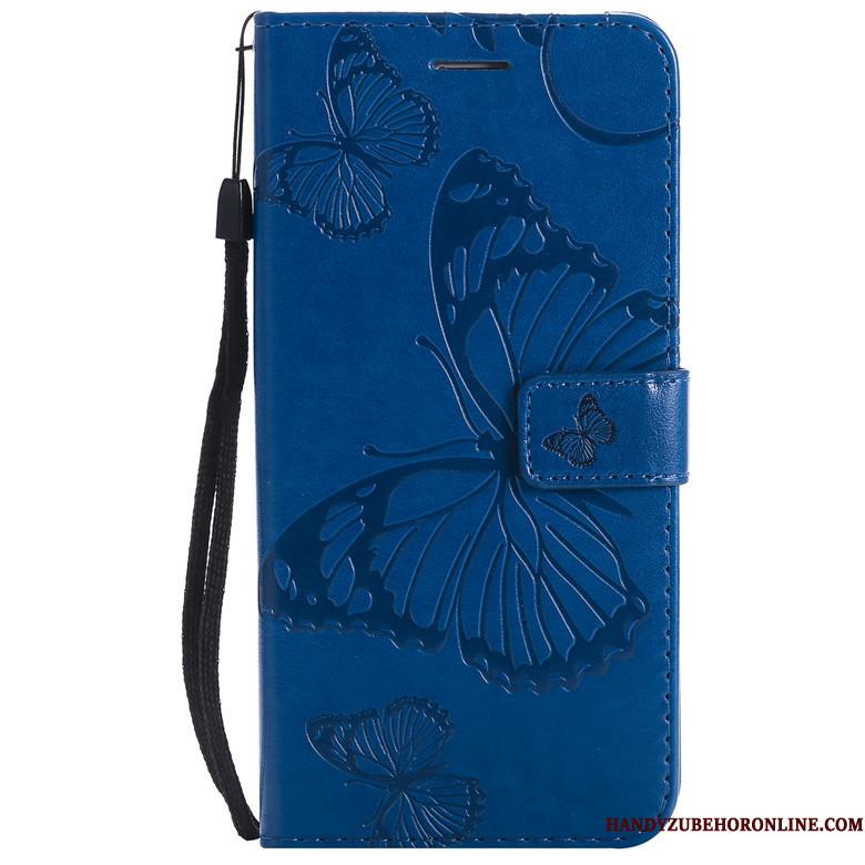 Samsung Galaxy A20e Lædertaske Blomster Beskyttelse Blå Blød Telefon Etui Sommerfugle