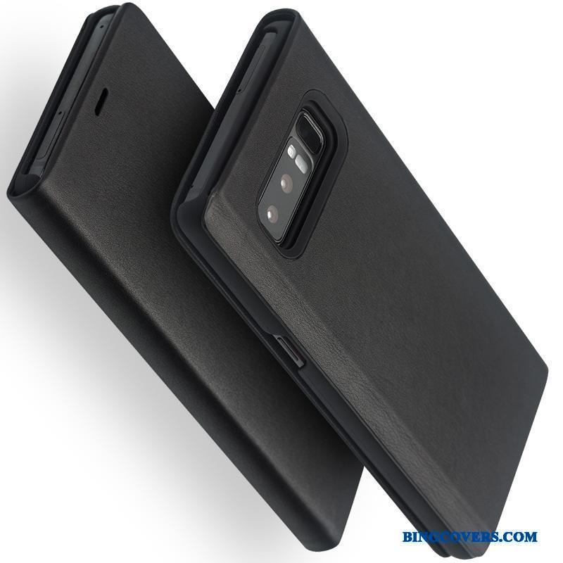 Samsung Galaxy Note 8 Cover Ægte Læder Sort Telefon Etui Mobiltelefon Stjerne Support
