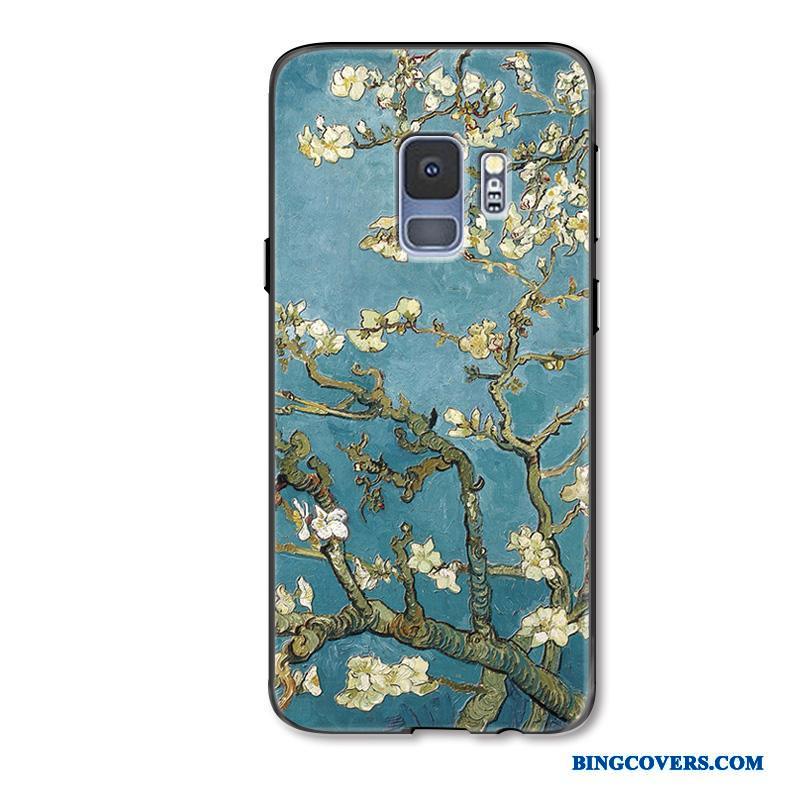 Samsung Galaxy S9+ Blomster Kreativ Cover Telefon Etui Oliemaleri Beskyttelse Cyan