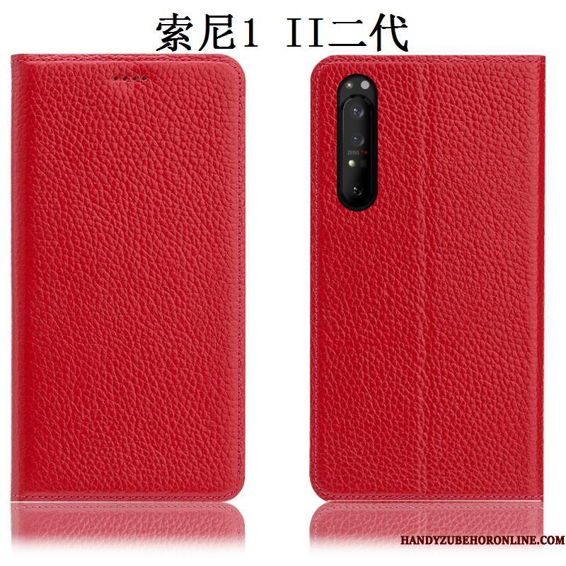Sony Xperia 1 Ii Cover Anti-fald Folio Litchi Beskyttelse Rød Telefon Etui