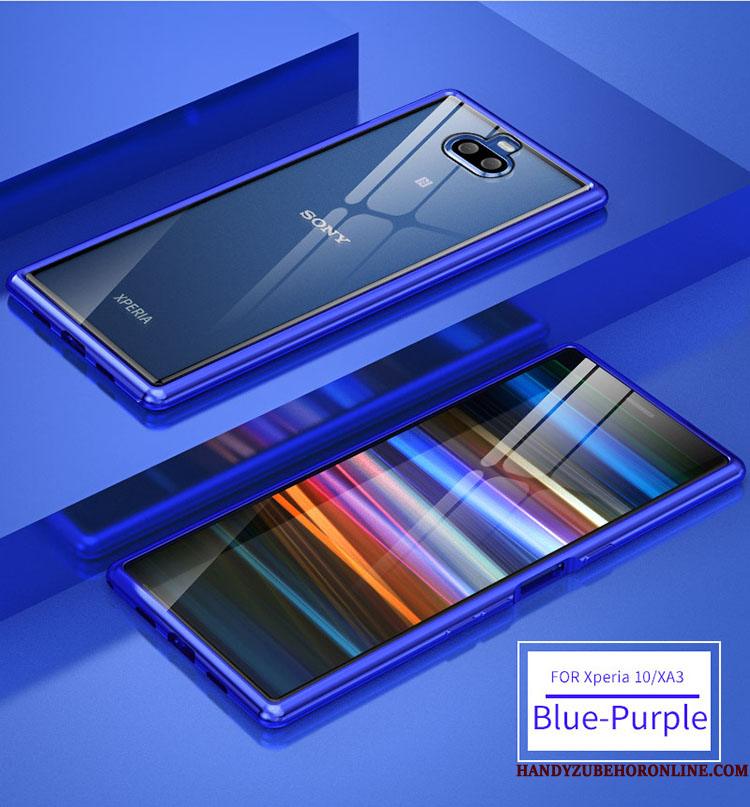 Sony Xperia 10 Blå Metal Telefon Etui Glas Bicolored Silke Ramme